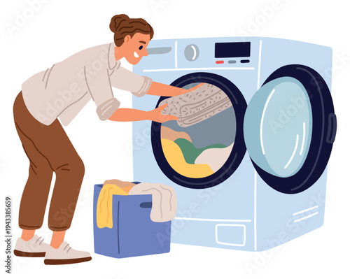 Young woman puts dirty clothes into washing machine to wash them. Household chores. Home laundry. Linen and garment cleaning. Housekeeping appliance. Basket for clothing. Vector concept
