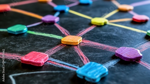Colorful Network Connections Sketched on a Smartboard Displaying Investment Strategy and Planning Concepts