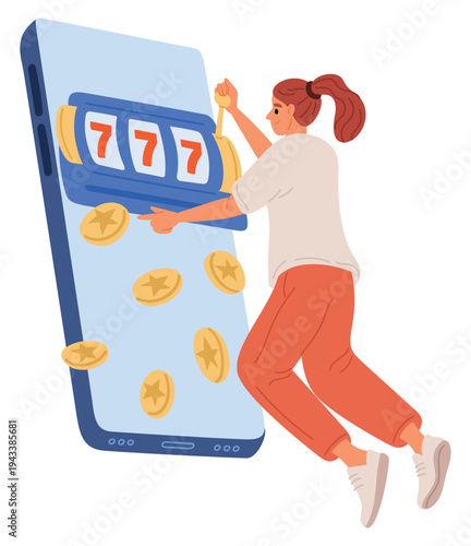 Young woman plays at online mobile casino. Gambler wins money on slot machine. Winning chips. Addicted people with phones. Smartphone web application. Spinning wheels. Vector concept