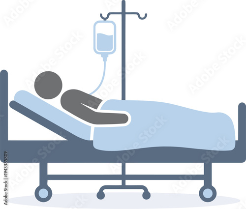 Flat design illustration of a patient resting on a hospital bed with an IV drip, depicting healthcare, recovery, and medical treatment in a clean environment.