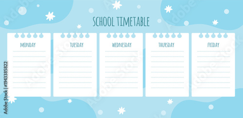 School timetable template. Weekly planner for school subjects. Lessons planning list. Blank notepaper pages. Daily organizer reminder. Children education. Vector students schedule design