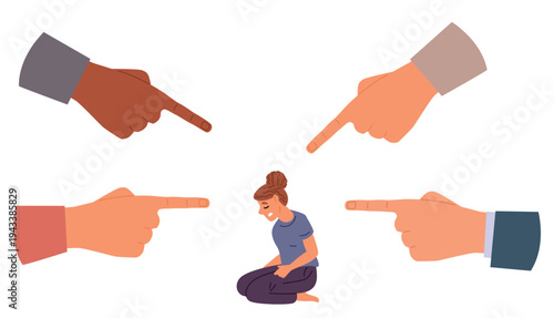 Sad young woman being pointed. Negative feedback from society. Pressure and blame to outcast. Unhappy victim of shame. Ashamed girl. Vector concept of bullying, ridicule and harassment