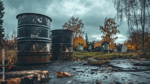 Abandoned Hazardous Waste Barrels Near a Rural Cemetery Under Overcast Skies