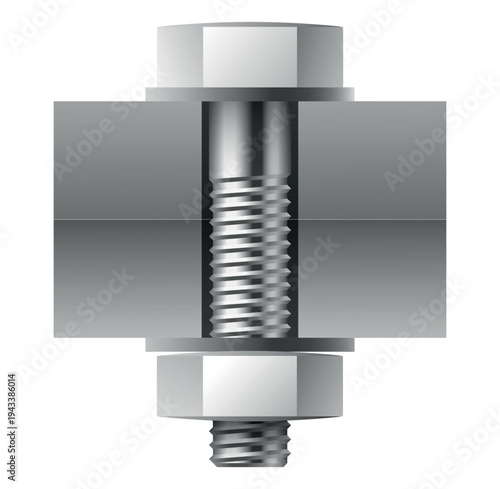 Realistic bolt connection of two metal plates. Using nut and washers for fixing surfaces. Construction hardware. Industrial fastening. Stainless steel rivets. Vector repair metal object
