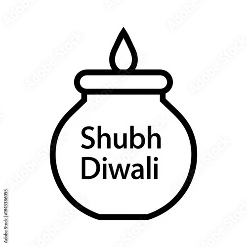 Simple black line art icon of a traditional earthen pot with a burning flame and diwali greeting illustration