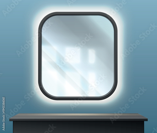 Realistic bathroom or hallway interior with illuminated mirror and makeup table. Restroom furniture. Square reflecting surface with backlight. Empty shelf at wall. Vector room furnishing