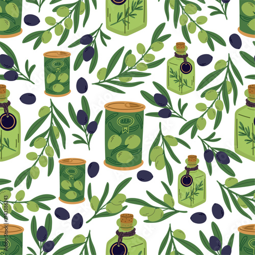 Olive oil in glass bottles and metal cans against background of fresh and black olives seamless pattern. Plant branch leaves. Organic product. Natural healthy food. Vector repeated print