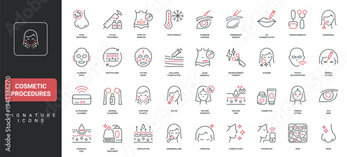 Cosmetic procedures, cosmetology and skincare, aesthetic treatment line icon set. Botox and dermal fillers, contour plastics, photo rejuvenation thin black and red outline symbols vector illustration