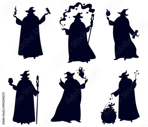 Old wizard with magical items casts spells. Cartoon magician character. Merlin poses. Mystery man in mantle makes potions. Warlock casts charms. Vector set with silhouette of sorcerer
