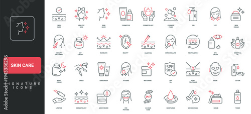 Beauty treatment and care for healthy skin, dermatology, cosmetology line icon set. Skincare procedures and hygiene, day and night cream, serum thin black and red outline symbols vector illustration
