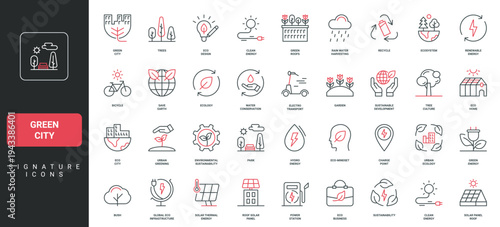 Green and eco city, buildings and infrastructure, urban ecology and planning line icon set. Sustainable development, renewable energy, recycle thin black and red outline symbols vector illustration