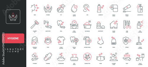 Personal hygiene kit in bathroom and toilet, sanitation, cleanliness line icon set. Antibacterial and antiseptic gel, clean clothes and water thin black and red outline symbols vector illustration