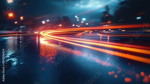 Captivating nighttime street race with glowing brake light streaks on wet asphalt under dramatic contrast lighting