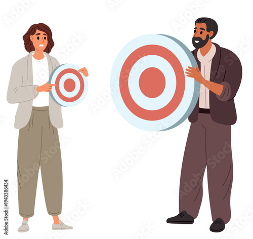 Man with big and woman with small goals. Setting tasks correctly. Different opportunities. Businessman ambition. People with unequal plans and strategies. Future aims. Vector concept