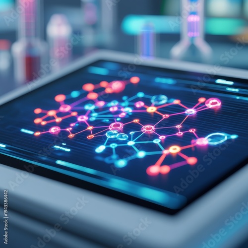 Angled view of a futuristic tablet's glowing digital display showing a neon molecular network. A visual representing AI-driven science and tech in drug discovery research within a lab.