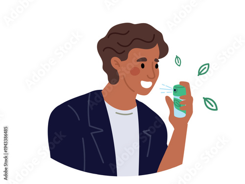 Man spraying fresh breath spray into his mouth. Oral hygiene. Dental care. Peppermint sprayer. Mouthwash dispenser. Pleasant menthol smell from mouth. Freshening aerosol. Vector concept