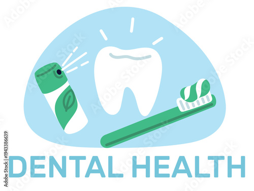Healthy white tooth. Toothbrush with toothpaste and spray for fresh breath. Caries prevention. Oral hygiene. Molar enamel cleaning and whitening. Vector concept of dental health care