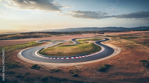 Aerial view of a winding race track with vibrant curbing and a vast, sun-drenched landscape, capturing the essence of high-speed automotive competition.