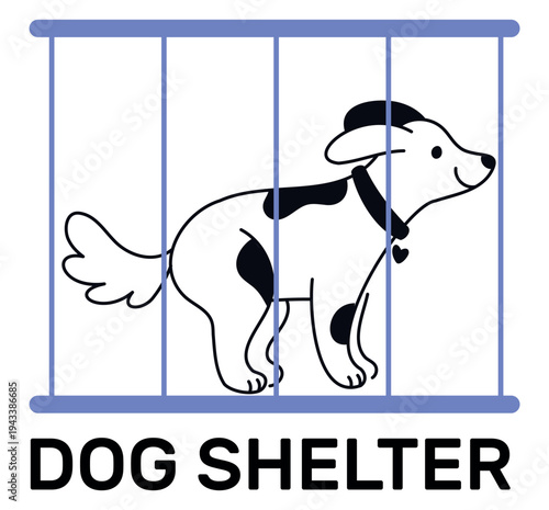 Happy dog in cage. Doggy shelter. Caring service for homeless domestic animals. Pets adoption. Canine veterinary. Mammal kennel with lattice. Unwanted or lost labrador. Vector concept