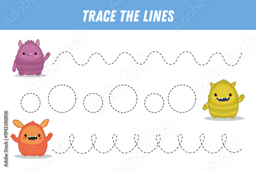 Tracing lines for kids. Cute cartoon monsters. Handwriting practice. Educational game for preschool kids. Activity page. Vector