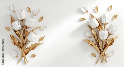 Two bouquets of white tulip flowers with gold stems and petals on white