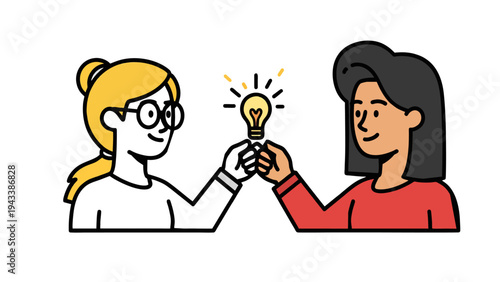 Diverse Women Collaborating for Creative Idea Development, Flat Vector Illustration of Teamwork and Innovation Concept with Glowing Lightbulb