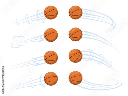 Flying basketballs with airflow marks. Streetball color orb stream trails. Movement trajectory. Championship hit and pass. Throwing track effect. Speed motion jet traces vector set