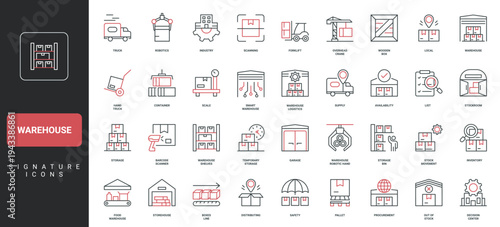 Warehouse logistics, stockroom inventory, distribution center and storage line icon set. Out of stock and procurement, boxes on rack and pallet thin black and red outline symbols vector illustration