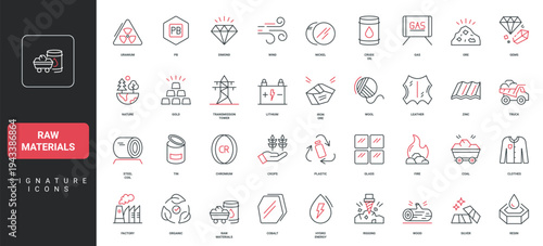 Raw materials, wood and glass, plastic and iron ore, gold and coal mine and drill line icon set. Metal and steel coil, uranium, leather and wool thin black and red outline symbols vector illustration