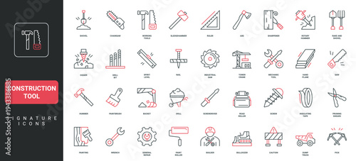 Construction tools and equipment of builder and handyman, electric appliances in industry line icon set. Toolbox of maintenance and repair thin black and red outline symbols vector illustration