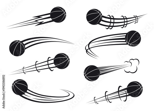 Flying baseball with airflow trails. Championship hit and pass. Movement trajectory. Streetball orb traces. Track effect. Speed motion. Vector set of black silhouettes on white background
