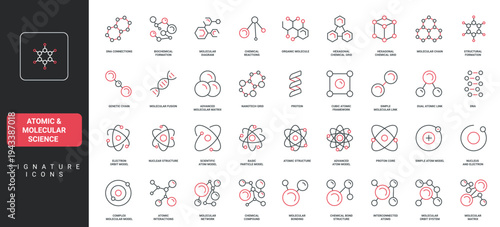 Atomic and molecular science icon set showing atom nucleus, electrons, chemical molecules, DNA chains, proteins, and biological compounds thin black and red line vector illustration.