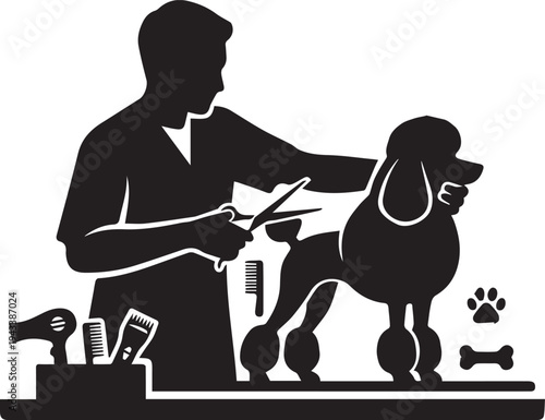 Professional Dog Groomer Silhouettes and Pet Care Service Vector