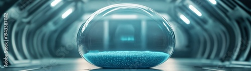 Central transparent capsule containing a vibrant blue digital data core, set in a futuristic, sleek sci-fi corridor. Concept Incubation of AI, AI, Digital