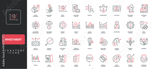 Investment, stock market trends and assets of investor line icon set. Return on investment and performance, financial income and crowdfunding thin black and red outline symbols vector illustration