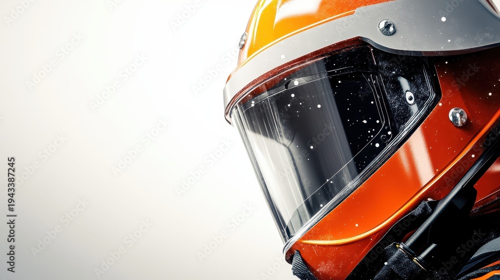 Fototapeta premium Close-up of an orange racing helmet with a clear visor, highlighting safety and automotive sport equipment.
