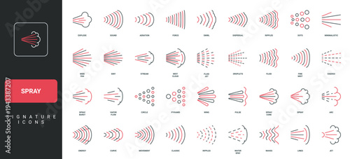 Thin outline spray and mist jet symbol collection showing pressure flow, droplets, vapor and dynamic burst patterns in clean black and red linear style for modern ui concepts vector illustration