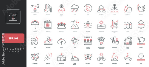 Spring season, garden flowers and tree, grass aroma, holidays and calendar line icon set. Snow melting and nature renewal, bicycle walk, rain thin black and red outline symbols vector illustration