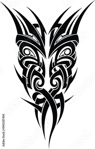 Intricate black tribal mask design with swirling patterns and pointed shapes
