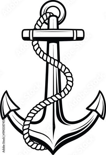 Vintage style black and white illustration of a classic ship anchor