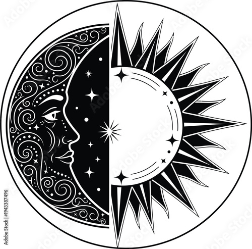 A circular design featuring a moon and sun split down the middle