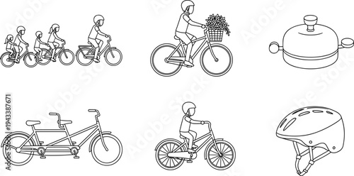 Collection of line art icons depicting bicycles, helmets, and a pot with handles