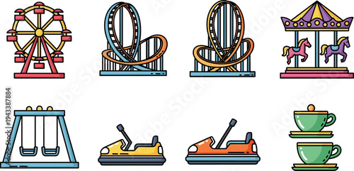 Collection of flat design amusement park rides and attractions