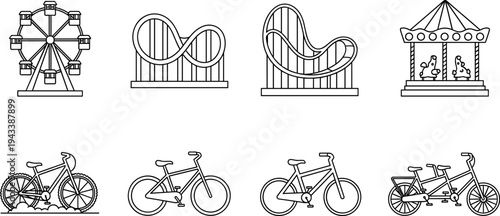 Collection of amusement park rides and bicycles in a simple line art style
