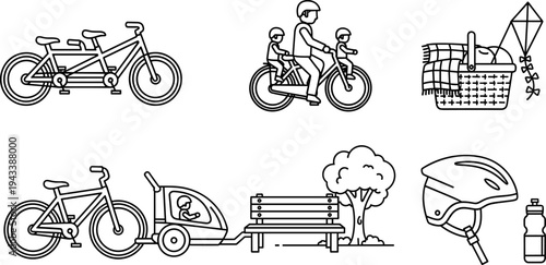 Family cycling and outdoor leisure activities icons in a clean line art style