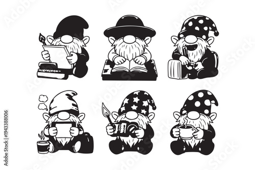 Black and white gnome silhouettes set with various tools and objects, garden dwarf icons for laser cutting and printing, mythical creatures collection on transparent vector background art