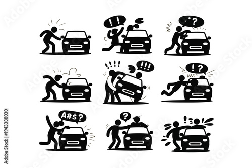 Cartoon car accident icons set with stick figure people and vehicles, road rage and crash situation symbols, automotive insurance and traffic problem infographics on transparent background