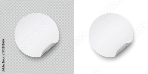 Round paper sticker with bent edge. Blank label isolated on transparent and white backgrounds. Vector circle curl banner