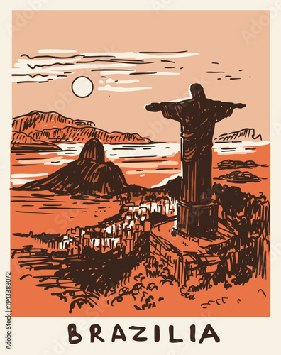 Rio de Janeiro, hand-drawn sketch, Brazilian landscape, vector monochrome illustration