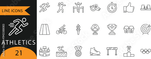 Athletics and Track and Field Sports Tournament Line Icons Set.

